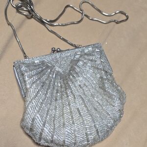 Elegant Silver Beaded Clutch